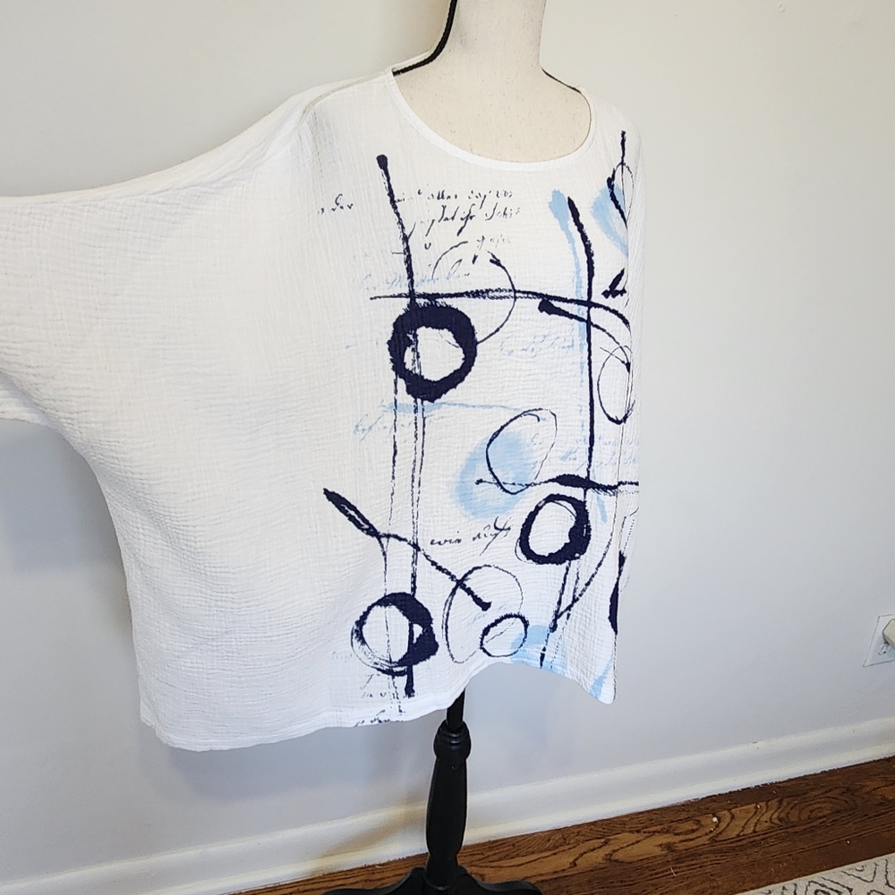 Jess & Jane Gauzy Boxy Balboa Tunic Top White Black Blue Cotton Circles Lines L - Picture 3 of 13
